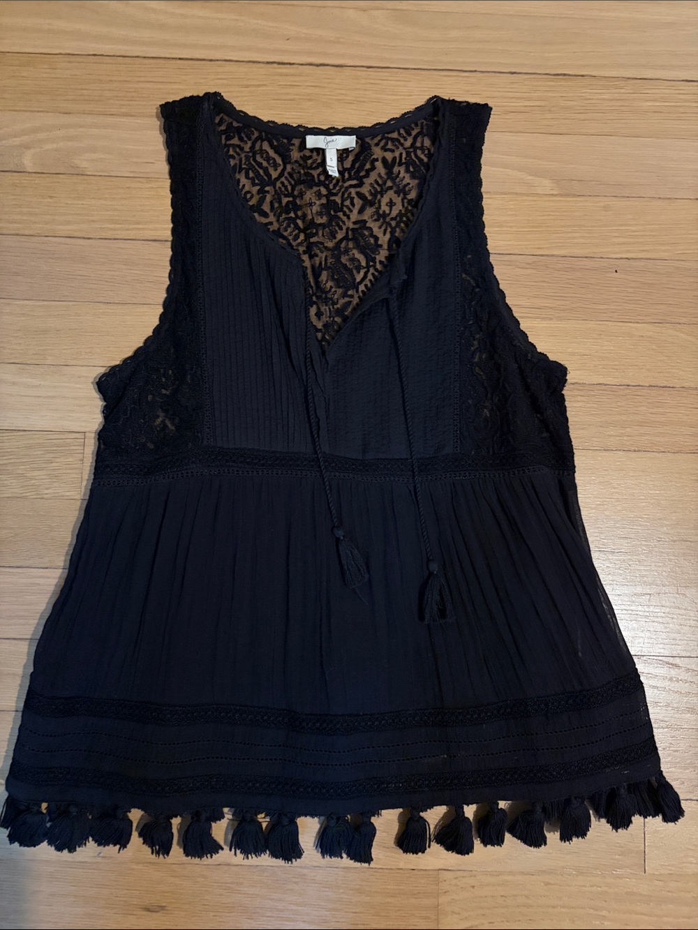 Women’s Joie Sleeveless Black Lace Trim Tassel Tank Top